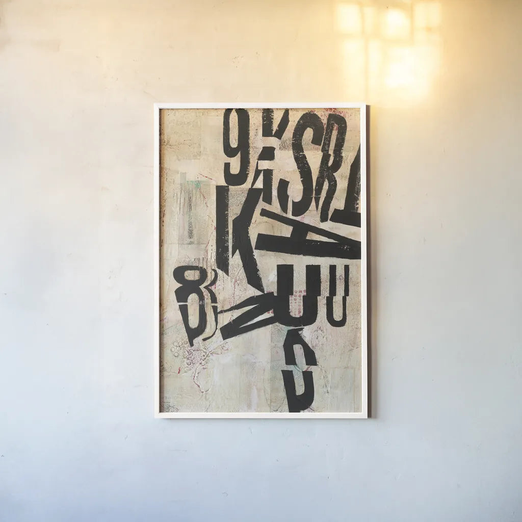 Type Abstraction I by Mary Urban. shown as a paper print in a white frame. Available as a archival giclee rolled canvas, fine art paper, or poster print. SKU 34408h.