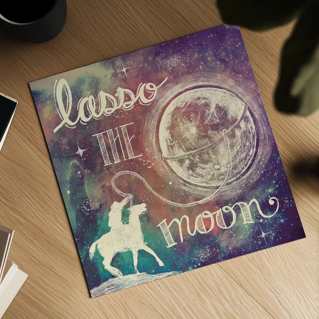 Universe Galaxy Lasso the Moon Sq by Mary Urban. Shown as a detailed flat fine art print, highlighting archival giclee quality. Available as an archival giclee rolled canvas, fine art paper, or poster print. SKU 18443a.