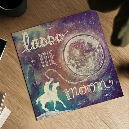 Universe Galaxy Lasso the Moon Sq by Mary Urban. Shown as a detailed flat fine art print, highlighting archival giclee quality. Available as an archival giclee rolled canvas, fine art paper, or poster print. SKU 18443a.