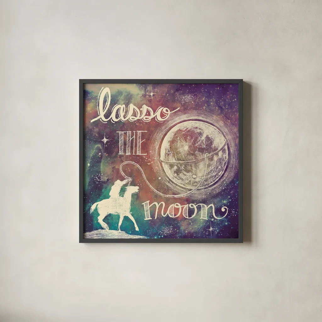 Universe Galaxy Lasso the Moon Sq by Mary Urban. Shown in a sleek black glass frame for a contemporary gallery look. Available as an archival giclee rolled canvas, fine art paper, or poster print. SKU 18443a.