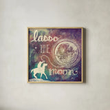 Universe Galaxy Lasso the Moon Sq by Mary Urban. Shown in a natural wood glass frame for a timeless modern aesthetic. Available as an archival giclee rolled canvas, fine art paper, or poster print. SKU 18443a.