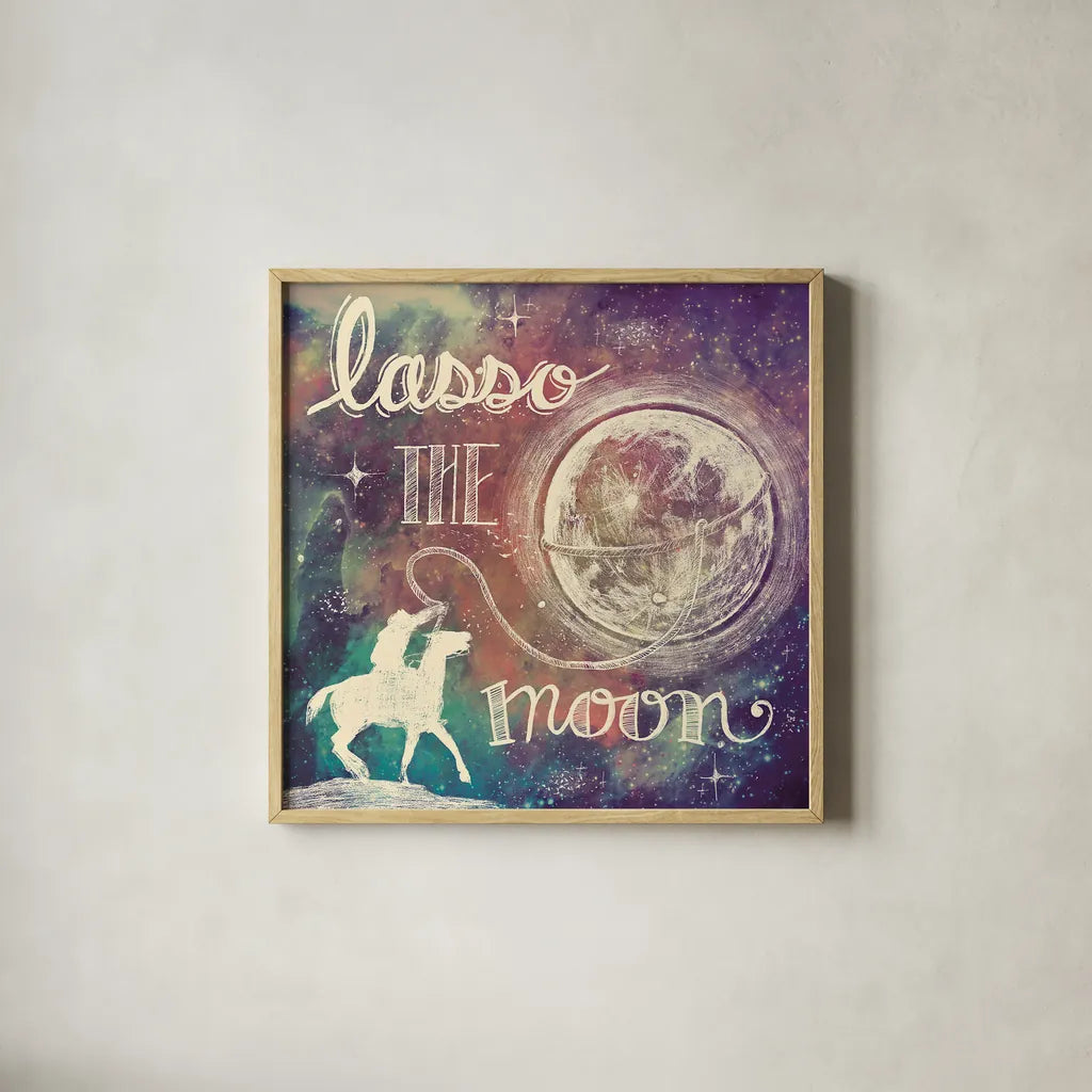 Universe Galaxy Lasso the Moon Sq by Mary Urban. Shown in a natural wood glass frame for a timeless modern aesthetic. Available as an archival giclee rolled canvas, fine art paper, or poster print. SKU 18443a.