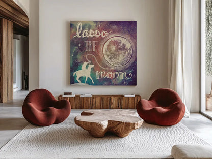 Universe Galaxy Lasso the Moon Sq by Mary Urban. Shown as extra-large giant wall art in a modern living room. Available as an archival giclee rolled canvas, fine art paper, or poster print. SKU 18443a.
