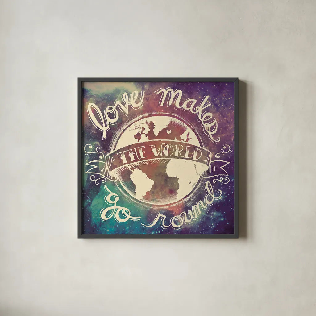 Universe Galaxy Love Makes by Mary Urban. Shown in a sleek black glass frame for a contemporary gallery look. Available as an archival giclee rolled canvas, fine art paper, or poster print. SKU 18444a.