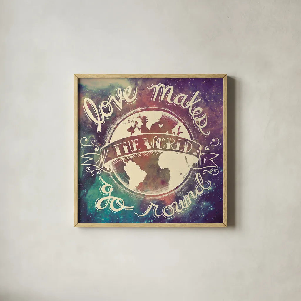 Universe Galaxy Love Makes by Mary Urban. Shown in a natural wood glass frame for a timeless modern aesthetic. Available as an archival giclee rolled canvas, fine art paper, or poster print. SKU 18444a.