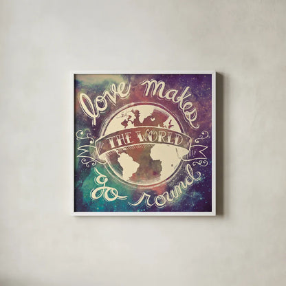 Universe Galaxy Love Makes by Mary Urban. Shown in a crisp white glass frame for a clean and minimalist style. Available as an archival giclee rolled canvas, fine art paper, or poster print. SKU 18444a.