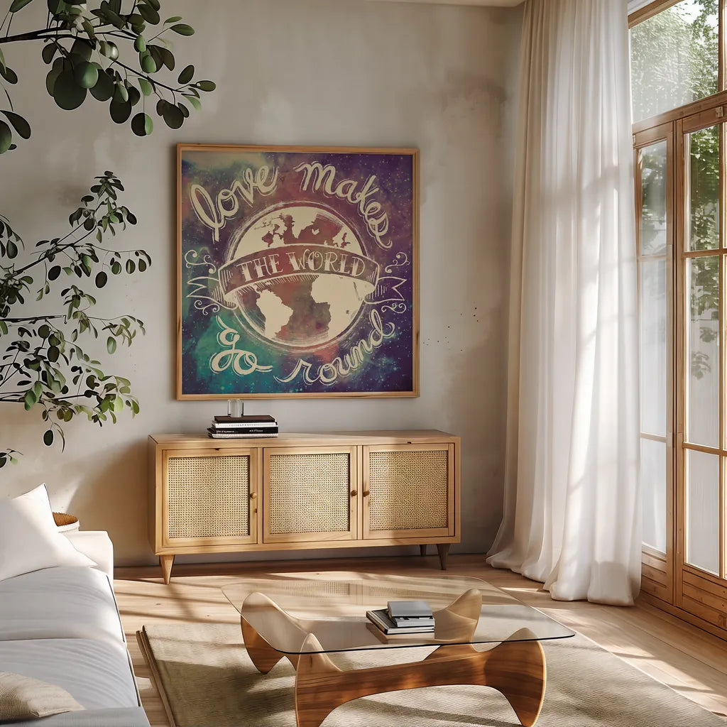 Universe Galaxy Love Makes by Mary Urban. Shown in a natural wood frame in a cozy modern living room. Available as an archival giclee rolled canvas, fine art paper, or poster print. SKU 18444a.