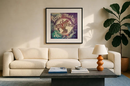 Universe Galaxy Love Makes by Mary Urban. Displayed in a glass frame with matte in a clean modern living room. Available as an archival giclee rolled canvas, fine art paper, or poster print. SKU 18444a.