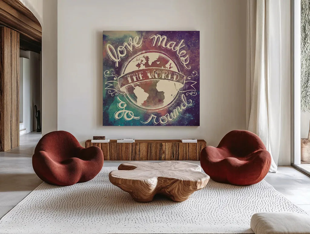 Universe Galaxy Love Makes by Mary Urban. Shown as extra-large giant wall art in a modern living room. Available as an archival giclee rolled canvas, fine art paper, or poster print. SKU 18444a.