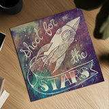 Universe Galaxy Shoot for the Stars by Mary Urban. Shown as a detailed flat fine art print, highlighting archival giclee quality. Available as an archival giclee rolled canvas, fine art paper, or poster print. SKU 18445a.