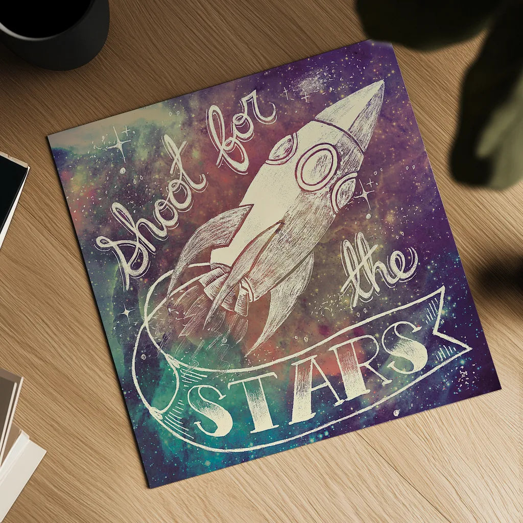 Universe Galaxy Shoot for the Stars by Mary Urban. Shown as a detailed flat fine art print, highlighting archival giclee quality. Available as an archival giclee rolled canvas, fine art paper, or poster print. SKU 18445a.