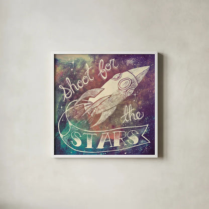 Universe Galaxy Shoot for the Stars by Mary Urban. Shown in a crisp white glass frame for a clean and minimalist style. Available as an archival giclee rolled canvas, fine art paper, or poster print. SKU 18445a.