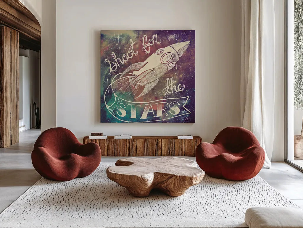 Universe Galaxy Shoot for the Stars by Mary Urban. Shown as extra-large giant wall art in a modern living room. Available as an archival giclee rolled canvas, fine art paper, or poster print. SKU 18445a.