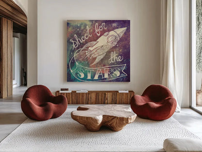 Universe Galaxy Shoot for the Stars by Mary Urban. Shown as extra-large giant wall art in a modern living room. Available as an archival giclee rolled canvas, fine art paper, or poster print. SKU 18445a.