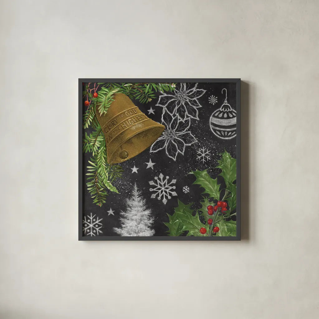 Vintage Holiday Chalk III by Mary Urban. Shown in a sleek black glass frame for a contemporary gallery look. Available as an archival giclee rolled canvas, fine art paper, or poster print. SKU 90147a.
