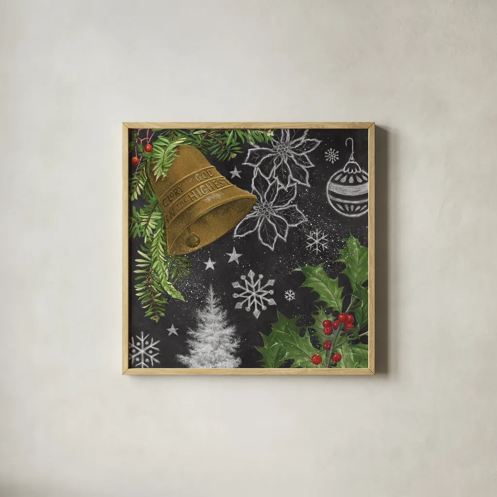 Vintage Holiday Chalk III by Mary Urban. Shown in a natural wood glass frame for a timeless modern aesthetic. Available as an archival giclee rolled canvas, fine art paper, or poster print. SKU 90147a.