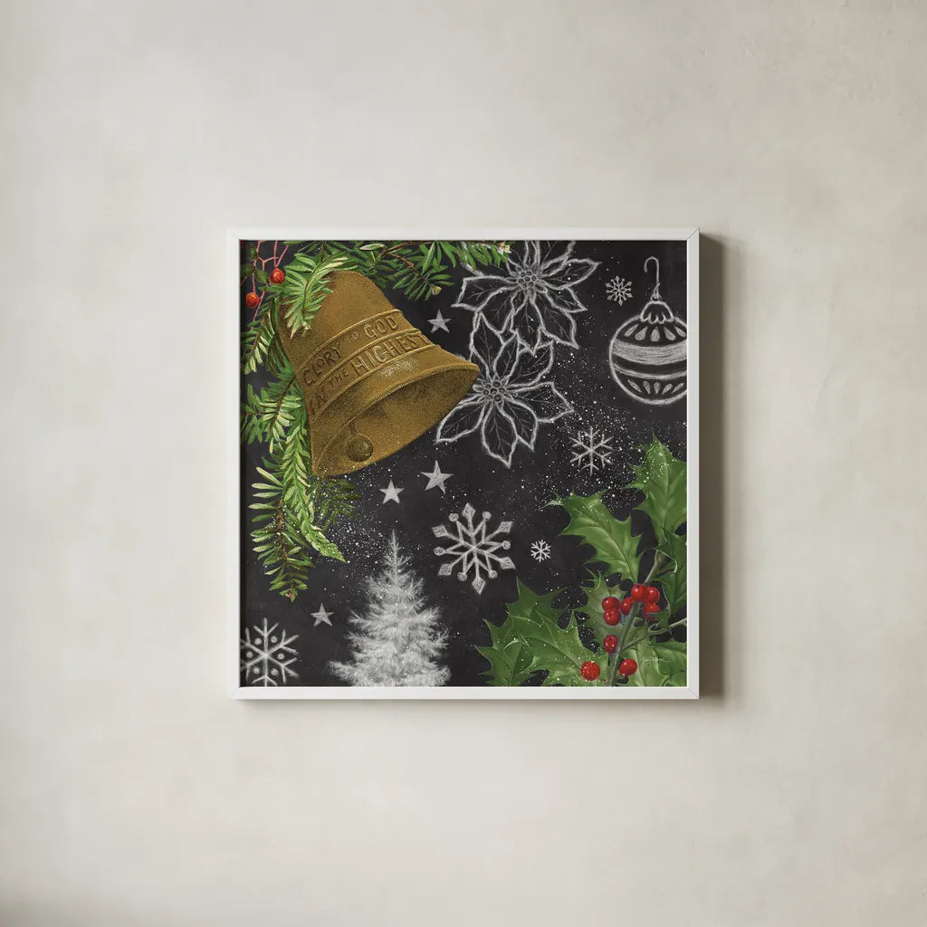 Vintage Holiday Chalk III by Mary Urban. Shown in a crisp white glass frame for a clean and minimalist style. Available as an archival giclee rolled canvas, fine art paper, or poster print. SKU 90147a.