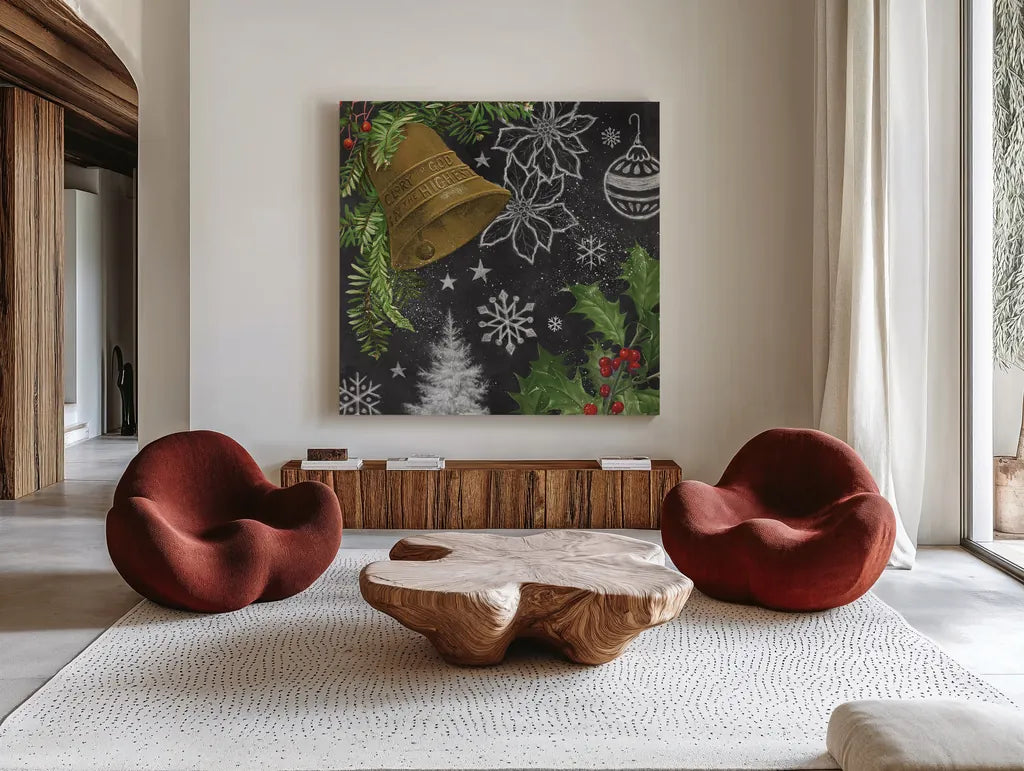 Vintage Holiday Chalk III by Mary Urban. Shown as extra-large giant wall art in a modern living room. Available as an archival giclee rolled canvas, fine art paper, or poster print. SKU 90147a.