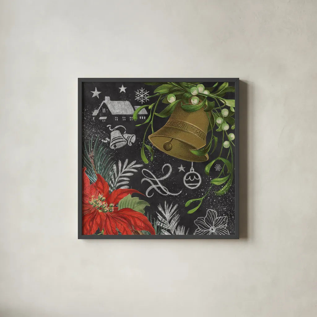 Vintage Holiday Chalk IV by Mary Urban. Shown in a sleek black glass frame for a contemporary gallery look. Available as an archival giclee rolled canvas, fine art paper, or poster print. SKU 90148a.