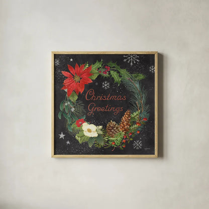 Vintage Holiday Chalk V by Mary Urban. Shown in a natural wood glass frame for a timeless modern aesthetic. Available as an archival giclee rolled canvas, fine art paper, or poster print. SKU 90149a.