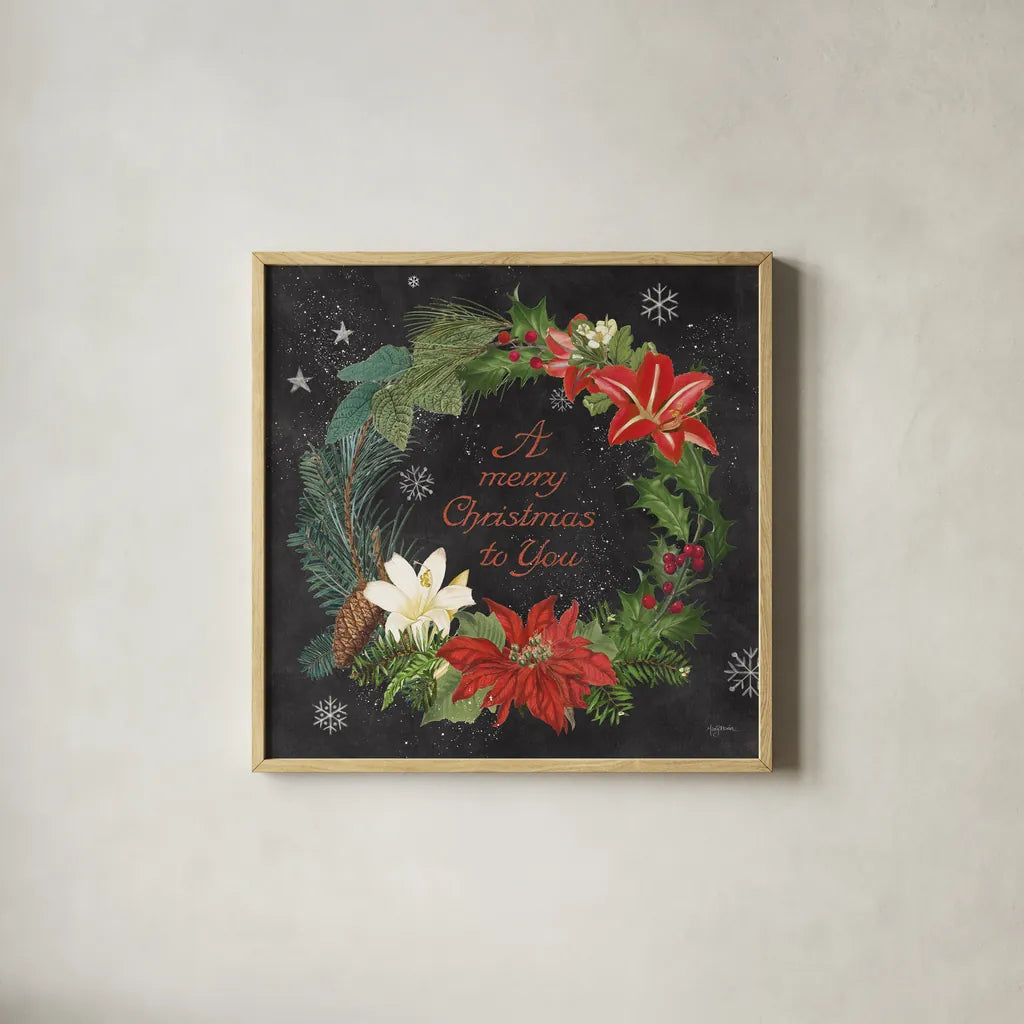 Vintage Holiday Chalk VI by Mary Urban. Shown in a natural wood glass frame for a timeless modern aesthetic. Available as an archival giclee rolled canvas, fine art paper, or poster print. SKU 90150a.