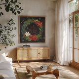 Vintage Holiday Chalk VI by Mary Urban. Shown in a natural wood frame in a cozy modern living room. Available as an archival giclee rolled canvas, fine art paper, or poster print. SKU 90150a.