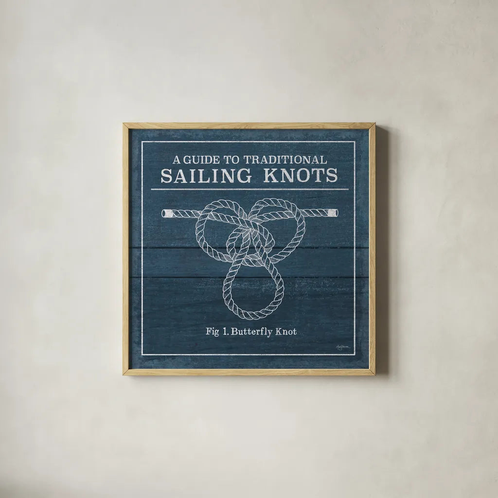 Vintage Sailing Knots II by Mary Urban. Shown in a natural wood glass frame for a timeless modern aesthetic. Available as an archival giclee rolled canvas, fine art paper, or poster print. SKU 33539a.