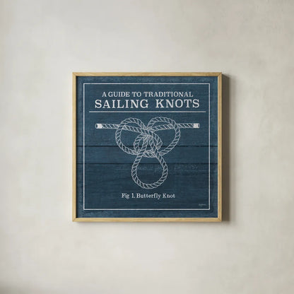 Vintage Sailing Knots II by Mary Urban. Shown in a natural wood glass frame for a timeless modern aesthetic. Available as an archival giclee rolled canvas, fine art paper, or poster print. SKU 33539a.