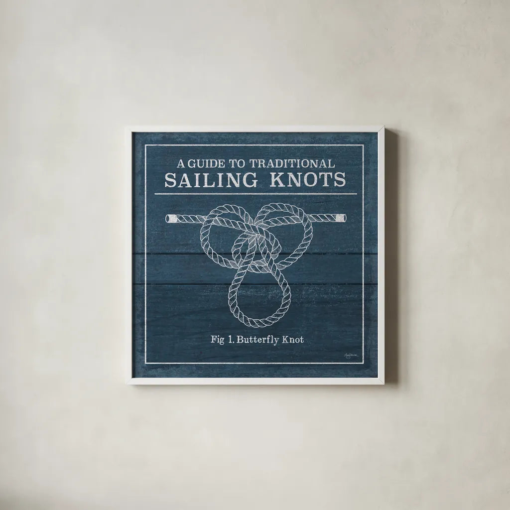 Vintage Sailing Knots II by Mary Urban. Shown in a crisp white glass frame for a clean and minimalist style. Available as an archival giclee rolled canvas, fine art paper, or poster print. SKU 33539a.