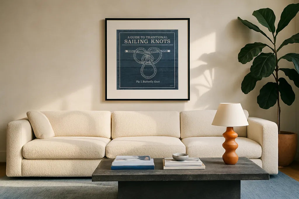 Vintage Sailing Knots II by Mary Urban. Displayed in a glass frame with matte in a clean modern living room. Available as an archival giclee rolled canvas, fine art paper, or poster print. SKU 33539a.