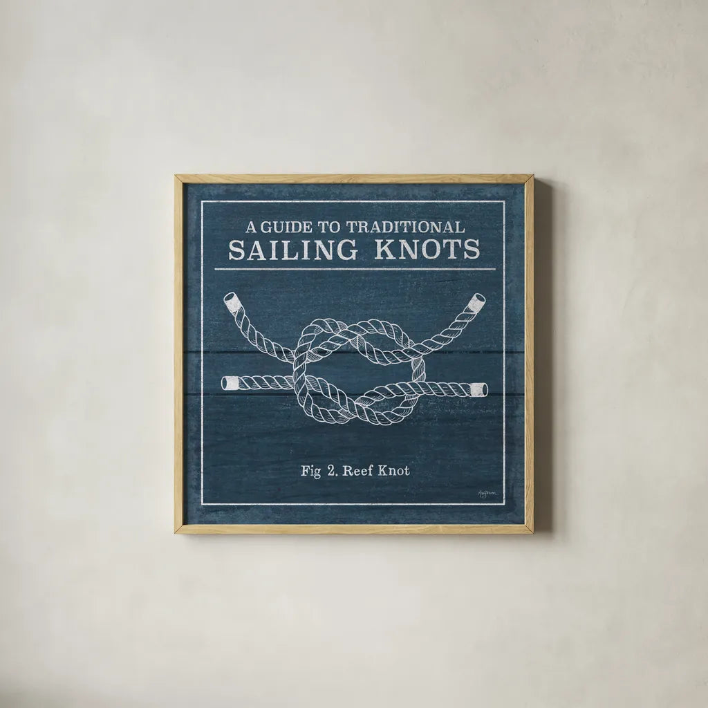Vintage Sailing Knots III by Mary Urban. Shown in a natural wood glass frame for a timeless modern aesthetic. Available as an archival giclee rolled canvas, fine art paper, or poster print. SKU 33540a.