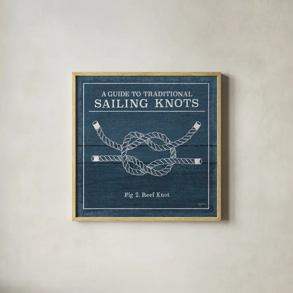 Vintage Sailing Knots III by Mary Urban. Shown in a natural wood glass frame for a timeless modern aesthetic. Available as an archival giclee rolled canvas, fine art paper, or poster print. SKU 33540a.