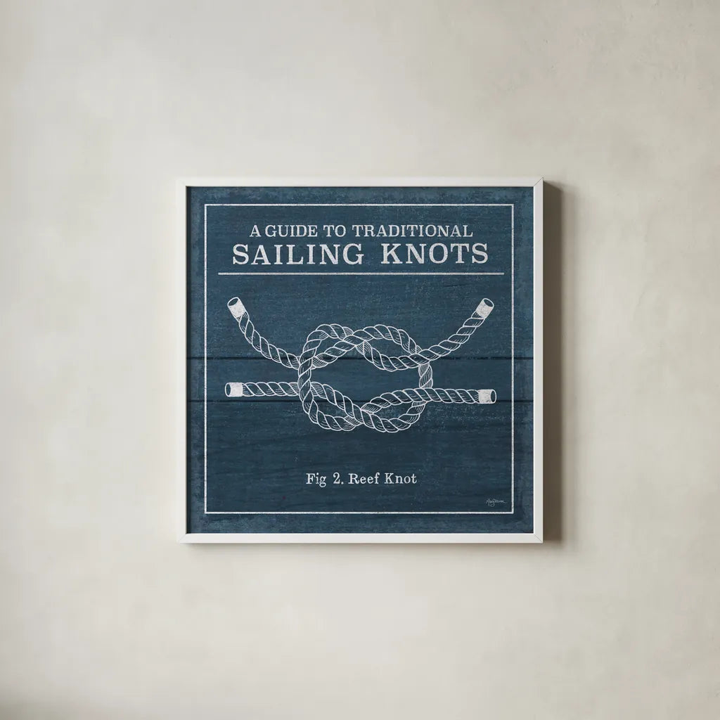 Vintage Sailing Knots III by Mary Urban. Shown in a crisp white glass frame for a clean and minimalist style. Available as an archival giclee rolled canvas, fine art paper, or poster print. SKU 33540a.