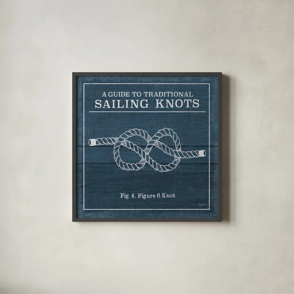Vintage Sailing Knots IV by Mary Urban. Shown in a sleek black glass frame for a contemporary gallery look. Available as an archival giclee rolled canvas, fine art paper, or poster print. SKU 33541a.