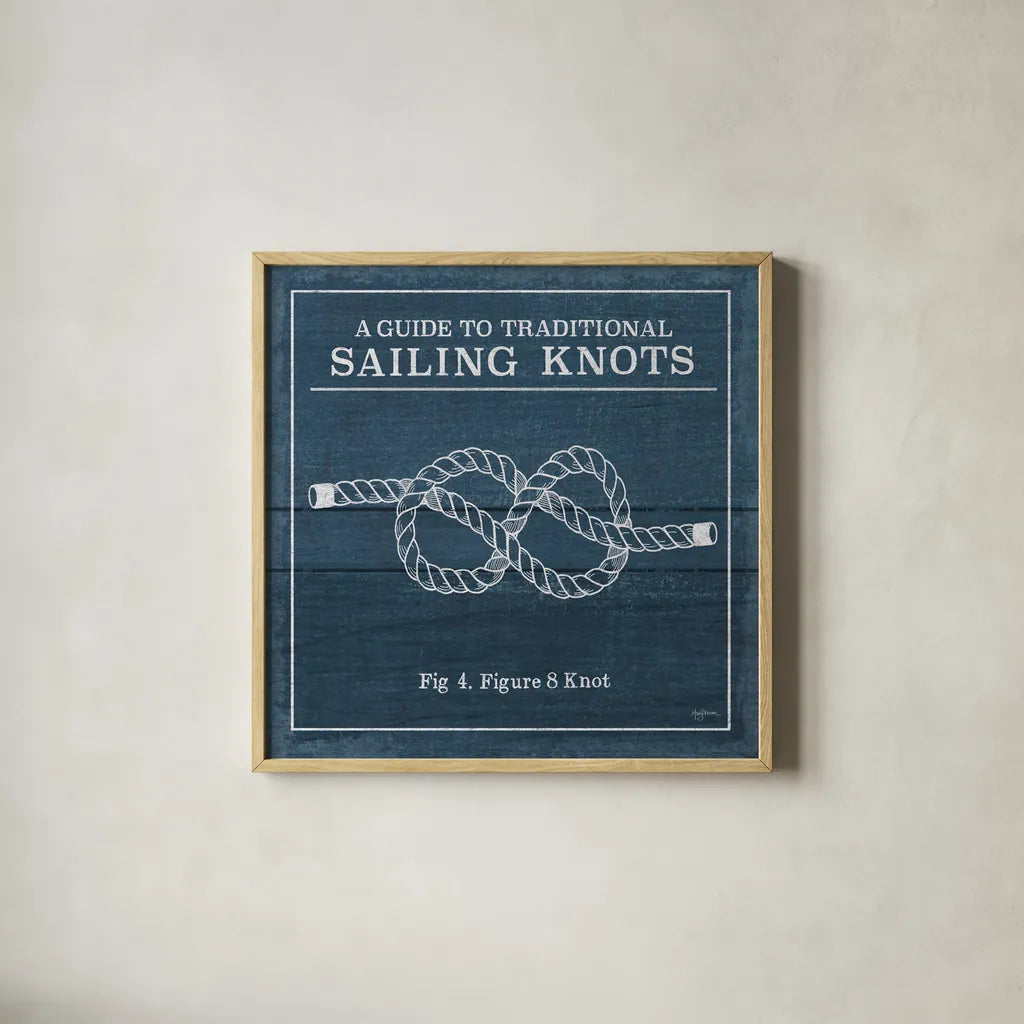Vintage Sailing Knots IV by Mary Urban. Shown in a natural wood glass frame for a timeless modern aesthetic. Available as an archival giclee rolled canvas, fine art paper, or poster print. SKU 33541a.