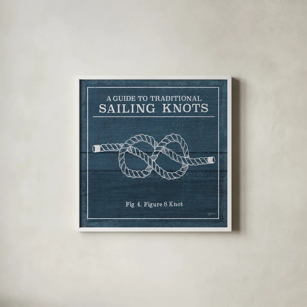 Vintage Sailing Knots IV by Mary Urban. Shown in a crisp white glass frame for a clean and minimalist style. Available as an archival giclee rolled canvas, fine art paper, or poster print. SKU 33541a.