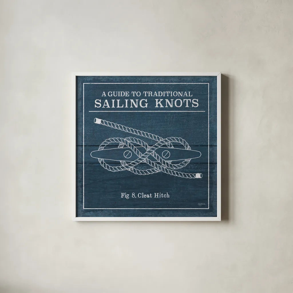 Vintage Sailing Knots VII by Mary Urban. Shown in a crisp white glass frame for a clean and minimalist style. Available as an archival giclee rolled canvas, fine art paper, or poster print. SKU 33544a.
