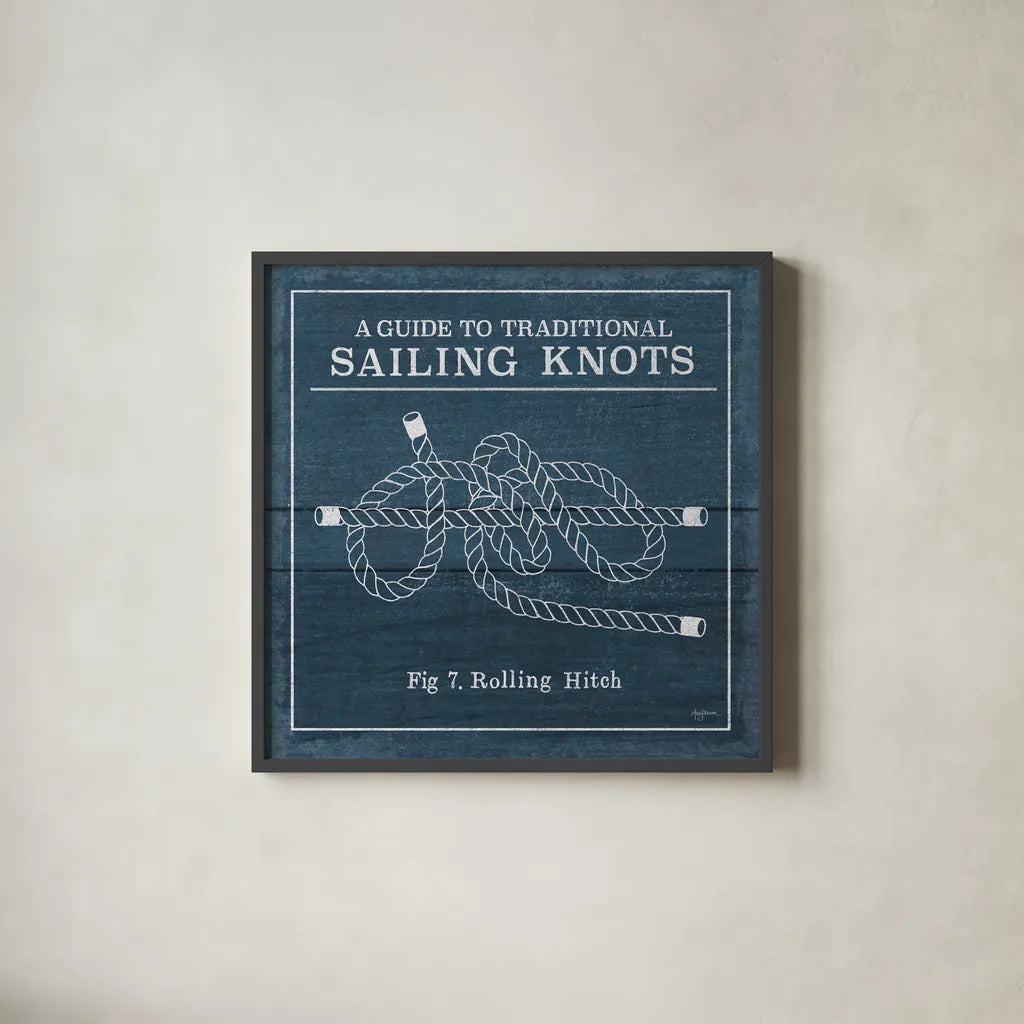 Vintage Sailing Knots VIII by Mary Urban. Shown in a sleek black glass frame for a contemporary gallery look. Available as an archival giclee rolled canvas, fine art paper, or poster print. SKU 33545a.