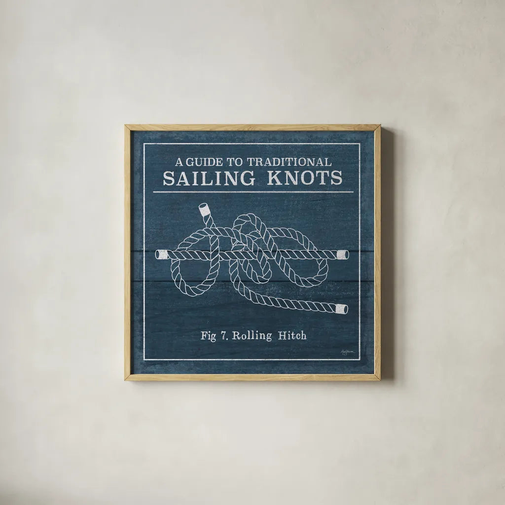 Vintage Sailing Knots VIII by Mary Urban. Shown in a natural wood glass frame for a timeless modern aesthetic. Available as an archival giclee rolled canvas, fine art paper, or poster print. SKU 33545a.