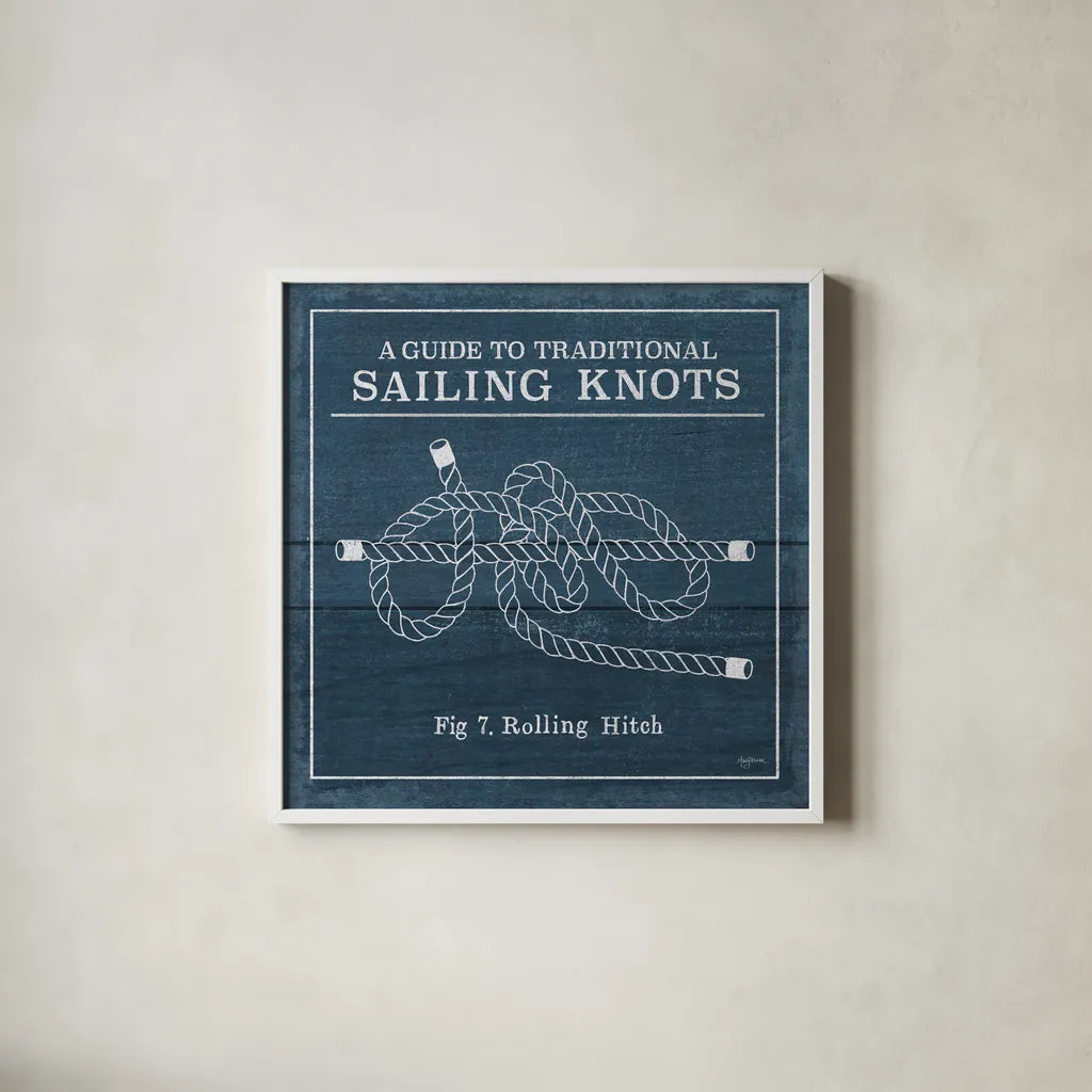 Vintage Sailing Knots VIII by Mary Urban. Shown in a crisp white glass frame for a clean and minimalist style. Available as an archival giclee rolled canvas, fine art paper, or poster print. SKU 33545a.