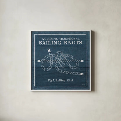 Vintage Sailing Knots VIII by Mary Urban. Shown in a crisp white glass frame for a clean and minimalist style. Available as an archival giclee rolled canvas, fine art paper, or poster print. SKU 33545a.