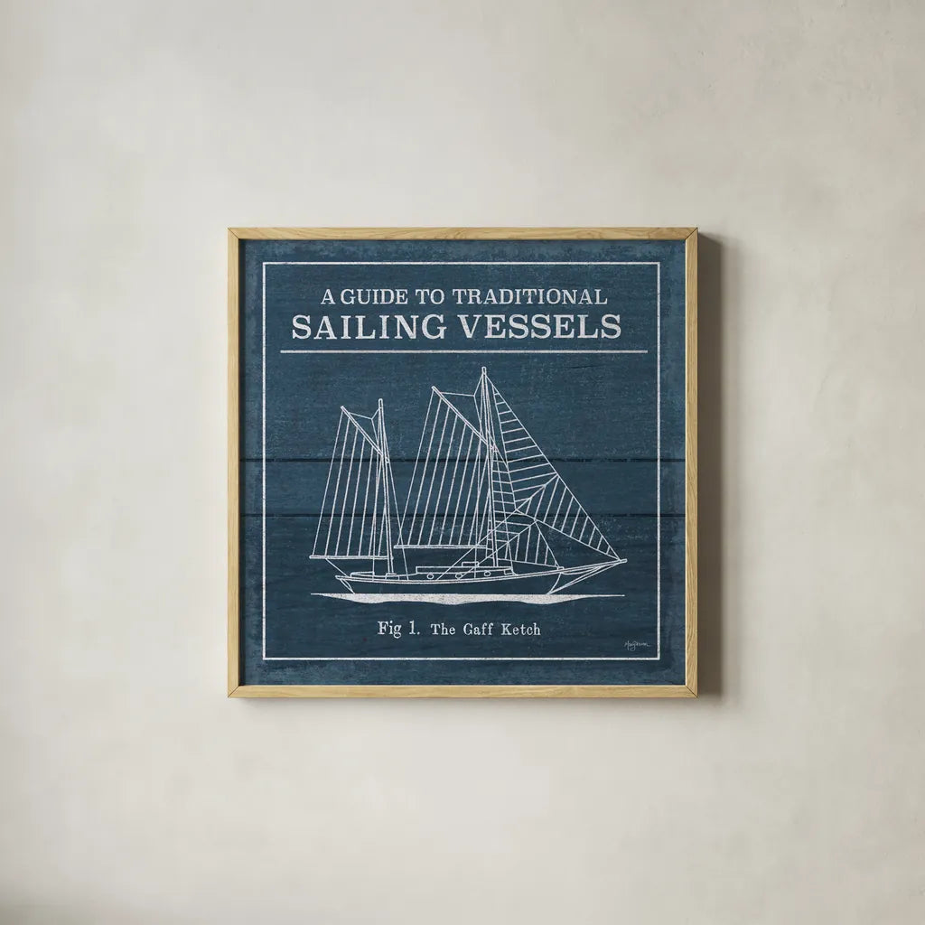 Vintage Sailing Knots XI by Mary Urban. Shown in a natural wood glass frame for a timeless modern aesthetic. Available as an archival giclee rolled canvas, fine art paper, or poster print. SKU 54516a.