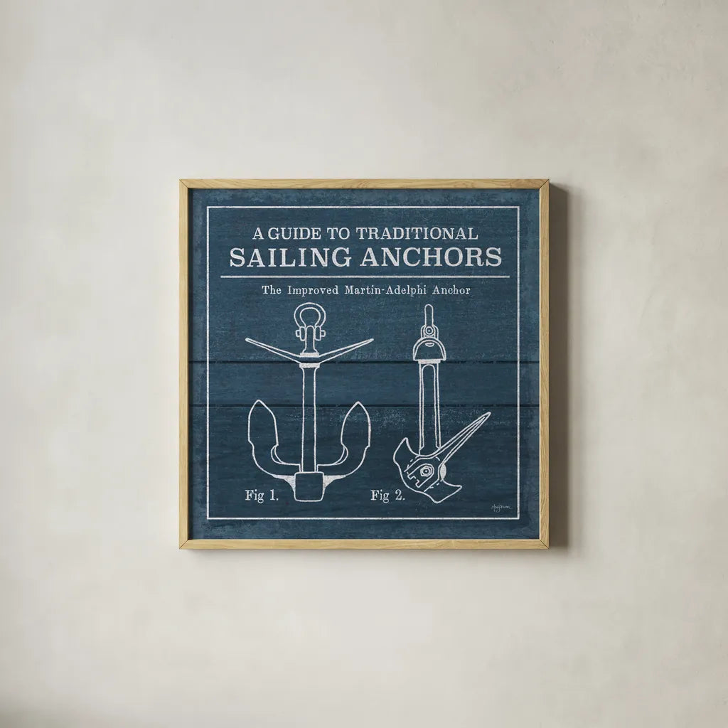 Vintage Sailing Knots XII by Mary Urban. Shown in a natural wood glass frame for a timeless modern aesthetic. Available as an archival giclee rolled canvas, fine art paper, or poster print. SKU 54517a.