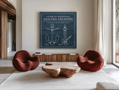 Vintage Sailing Knots XII by Mary Urban. Shown as extra-large giant wall art in a modern living room. Available as an archival giclee rolled canvas, fine art paper, or poster print. SKU 54517a.