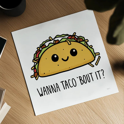 Wanna Taco Bout It by Mary Urban. Shown as a detailed flat fine art print, highlighting archival giclee quality. Available as an archival giclee rolled canvas, fine art paper, or poster print. SKU 73582a.