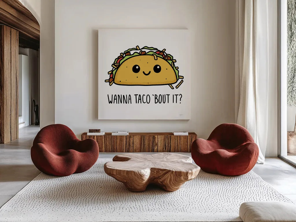 Wanna Taco Bout It by Mary Urban. Shown as extra-large giant wall art in a modern living room. Available as an archival giclee rolled canvas, fine art paper, or poster print. SKU 73582a.