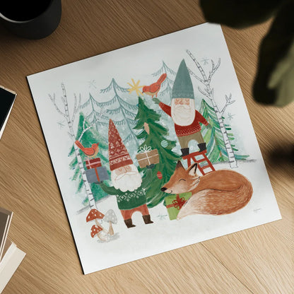 Woodland Gnomes I by Mary Urban. Shown as a detailed flat fine art print, highlighting archival giclee quality. Available as an archival giclee rolled canvas, fine art paper, or poster print. SKU 73389a.