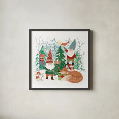 Woodland Gnomes I by Mary Urban. Shown in a sleek black glass frame for a contemporary gallery look. Available as an archival giclee rolled canvas, fine art paper, or poster print. SKU 73389a.