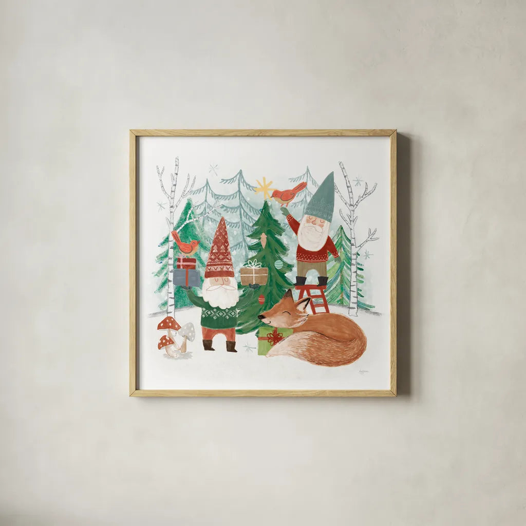Woodland Gnomes I by Mary Urban. Shown in a natural wood glass frame for a timeless modern aesthetic. Available as an archival giclee rolled canvas, fine art paper, or poster print. SKU 73389a.