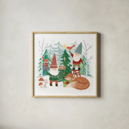 Woodland Gnomes I by Mary Urban. Shown in a natural wood glass frame for a timeless modern aesthetic. Available as an archival giclee rolled canvas, fine art paper, or poster print. SKU 73389a.